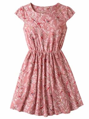 Women’s Pink Bird Print Dress Short Sleeve Fit & Flare Boho Size S/M